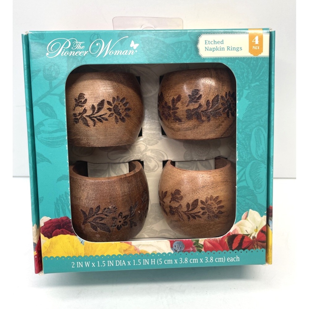 The Pioneer Woman Etched Wood Napkin Rings Set‎ of 4 Floral Design 2 Inch Wide